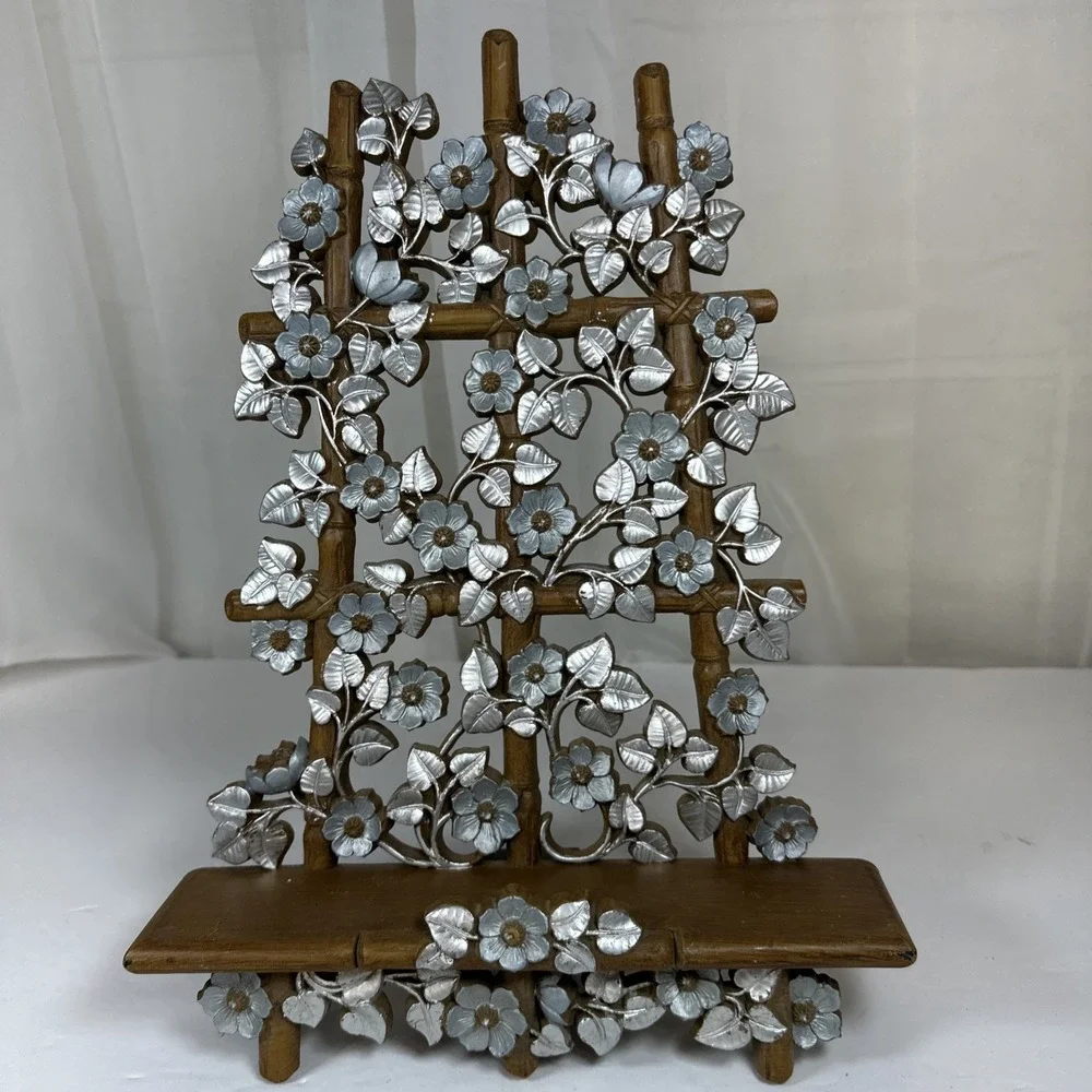 HOMCO‎ Wall Shelf Hanging Faux Bamboo Wood Floral Trellis Boho 6067B 1984 Silver